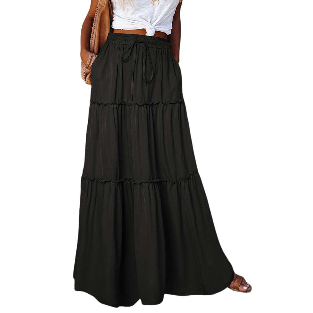 Women's Layered High Waist Elastic Lace-up Skirt With Wooden Ears