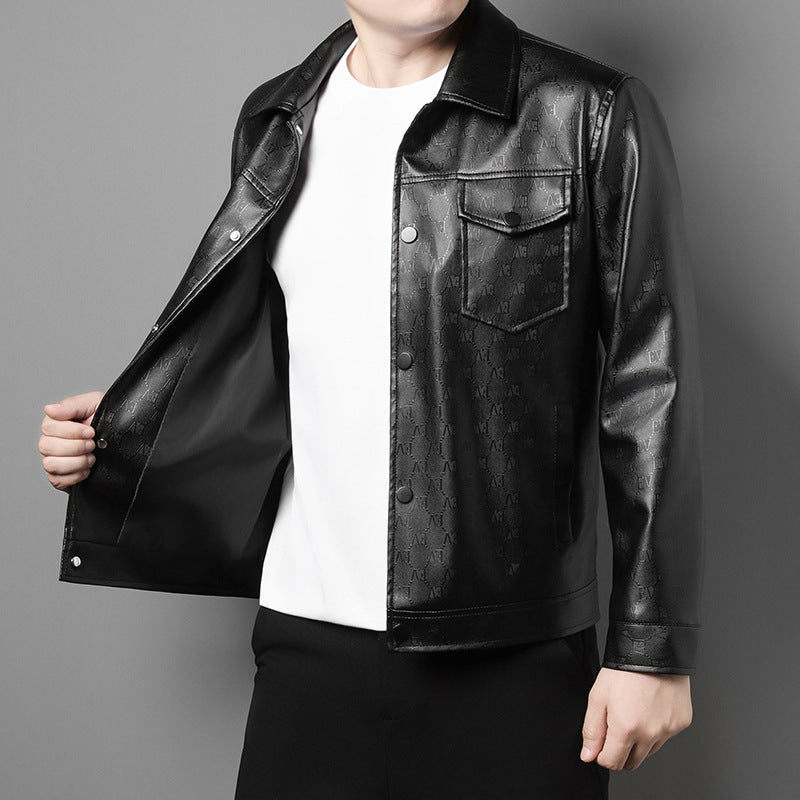 Men's Lapel Trend Lightweight Printed Leather Jacket