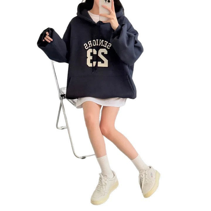 Hooded Embroidery Autumn And Winter Thin Velvet Padded Loose Lazy Style Sweatshirt