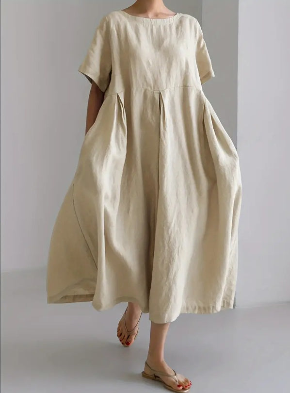 Vibrant Cotton Crew Neck Fitted Dress - Pocket Detail, Short Sleeve, Solid Color, Versatile And Comfortable For Spring And Summer - Machine Washable, Customized Vacation Style For Women