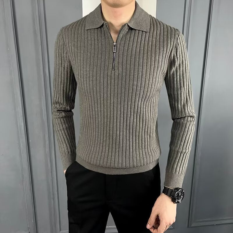 Warm Polo Collar Stripes Long Sleeve Pullover