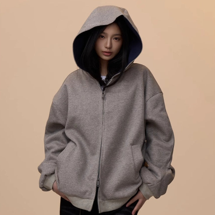 Women's Double Zipper Cardigan Sweater Loose Casual Hooded Coat