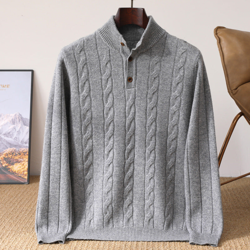 Men's Half-height Henry Collar Button Twisted Thickened Cable-knit Sweater