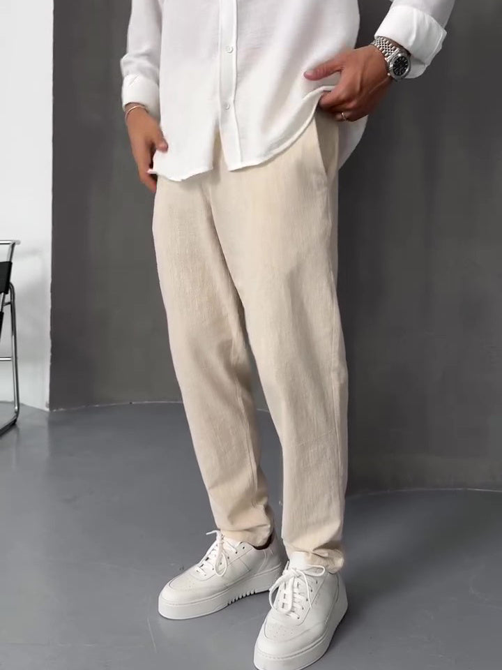 Beige Linen Straight-leg Pants