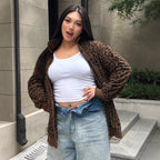 Casual Leopard Print Corduroy Zip-up Long Sleeve Sweatshirt For Women