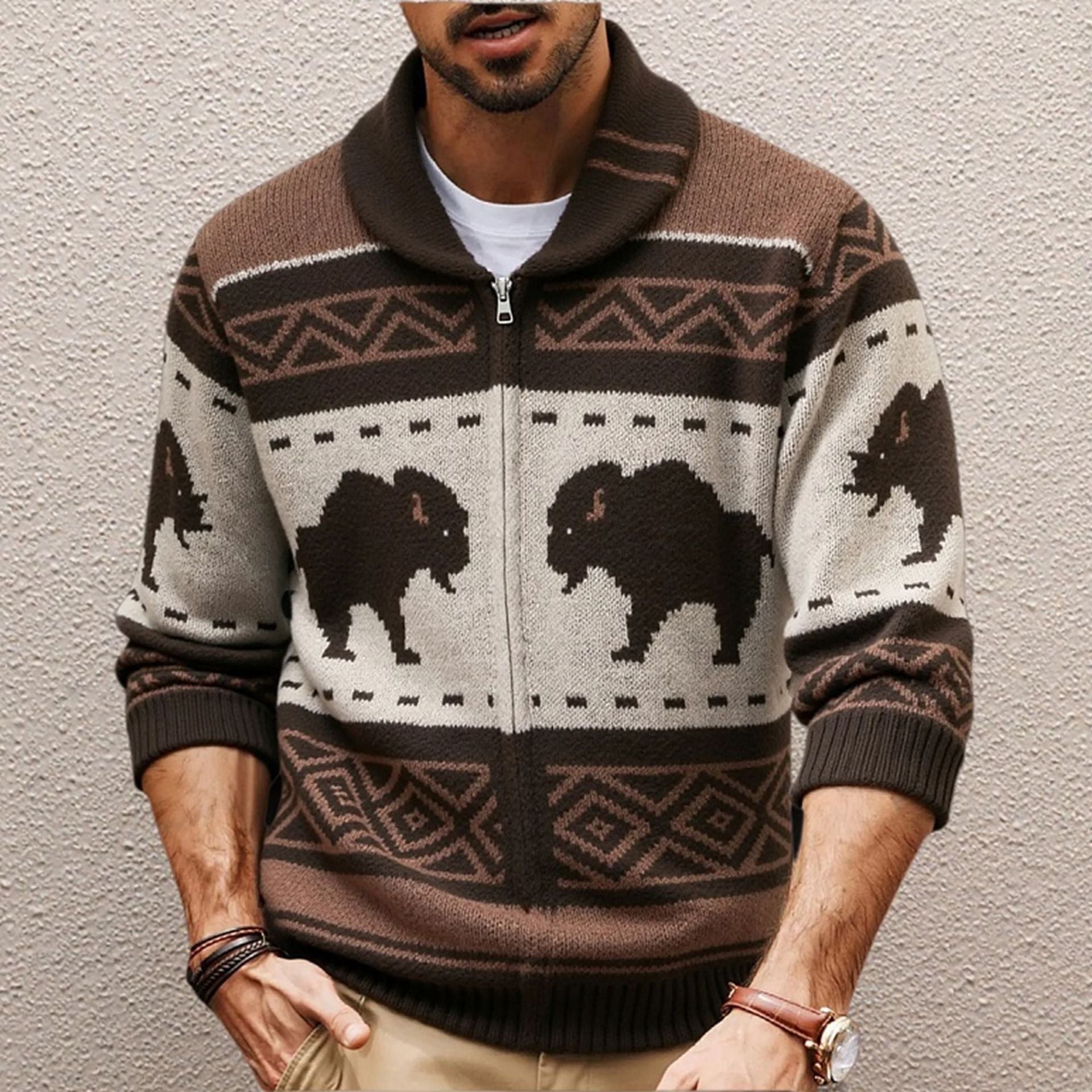 Men's European And American Retro Jacquard Knit Sweater Autumn And Winter Thickened Cardigan