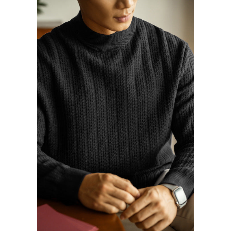 Half Turtleneck Bottoming Mid Collar Sunken Stripe Knitwear Sweater For Men