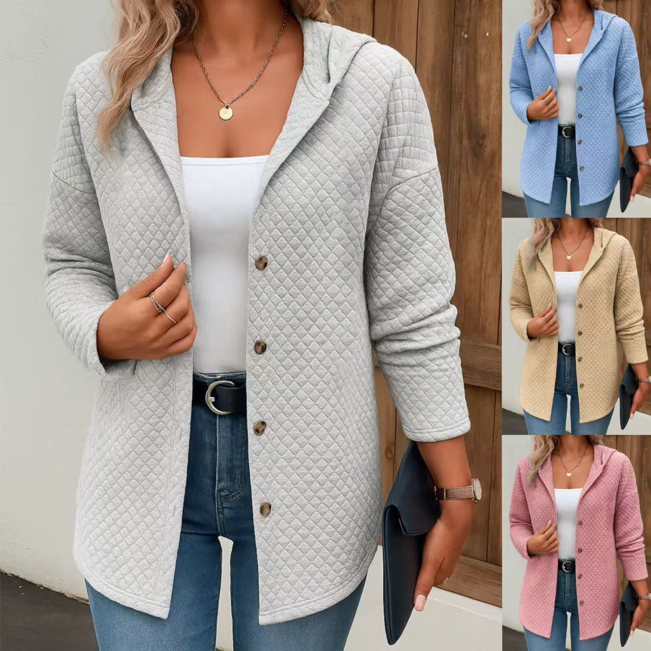 Women's Casual Loose Fashion Plaid Long Sleeve Cardigan Hoodie Coat