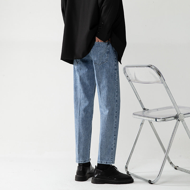 Men's Loose Straight Light Blue Cropped Pants