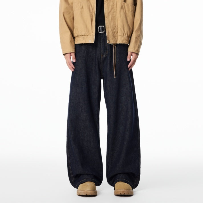 American Retro Black Raw Denim Jeans Autumn Loose A-line Wide Leg