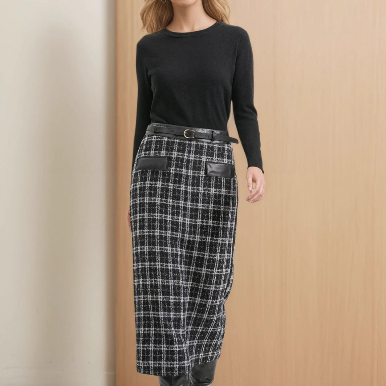 New High-waist Fashionable Retro Plaid Patchwork Knitted Skirt