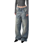 Autumn Winter Retro Distressed Dirty Pants High Waist Straight Loose Wide Leg Jeans