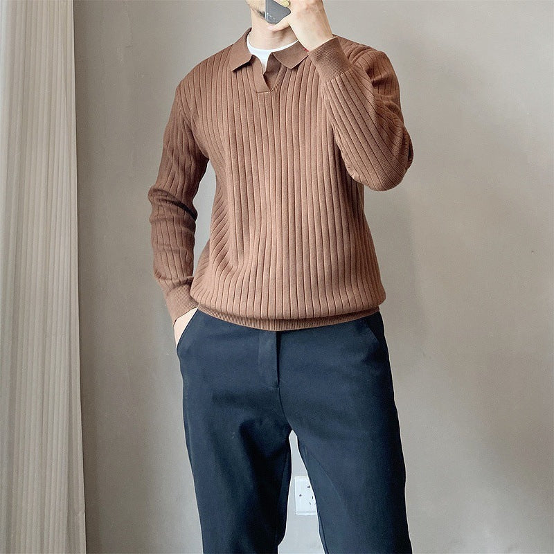 Lightly Mature Spring And Autumn Stripes Lapel Boys Texture Loose Elastic Knitted Sweater