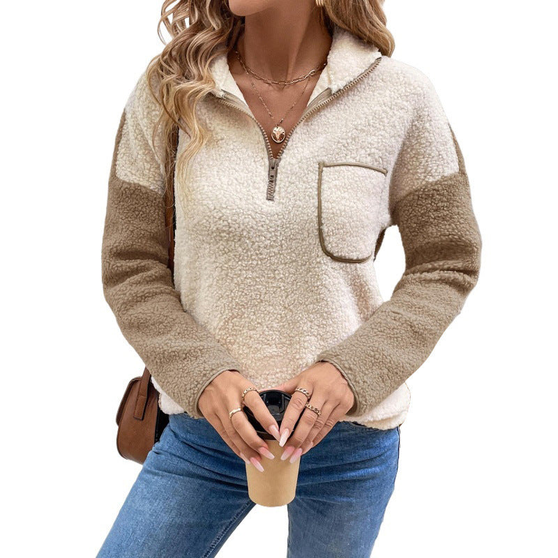 Long Sleeve Stand Collar Color Matching Warm With Velvet Sweater