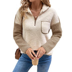 Long Sleeve Stand Collar Color Matching Warm With Velvet Sweater