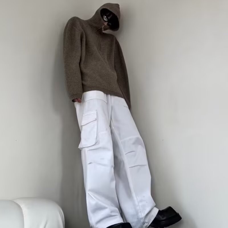 Retro Half Zipper Hooded Sweater Men's Lazy Knitted Cardigan Jacket