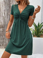 Color Cotton Short Sleeve V-neck Design Chest Twist Waist Dress