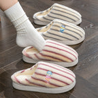 Ins Plush Striped Slippers Winter Warm Letter Embroidered Shoes Fashion Floor Bedroom Home Slipper For Women Men Couples