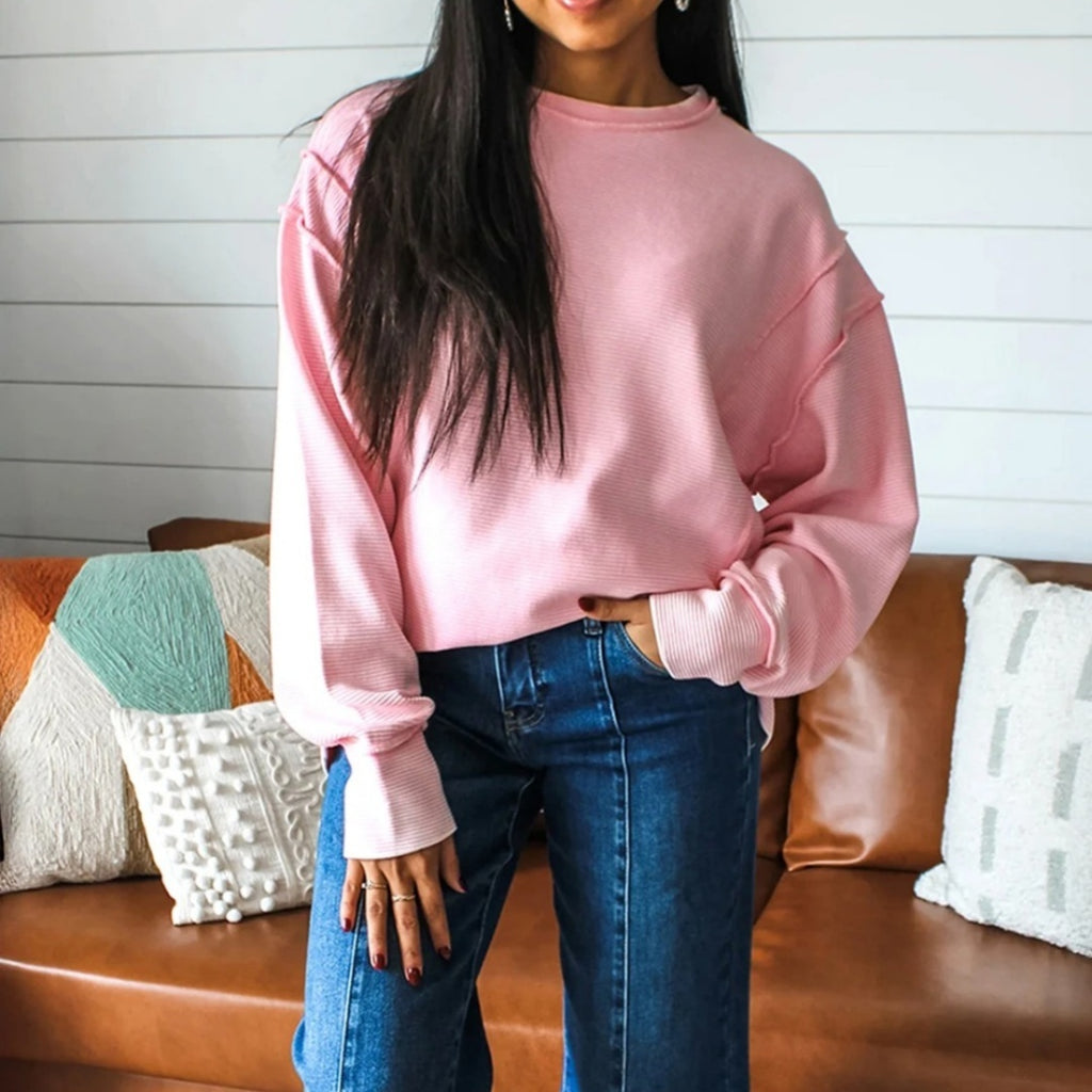 Women's Solid Color Design Round Neck Drop Shoulder Long Sleeve Sweatshirt