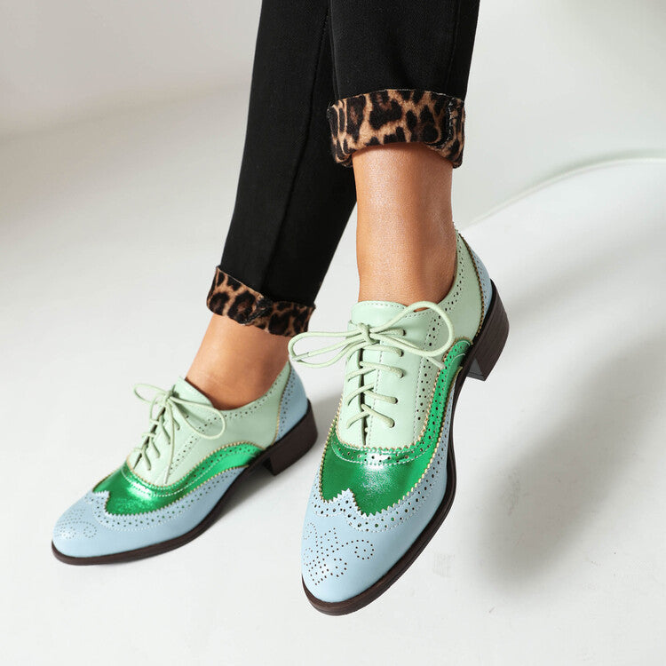 Color Matching Pumps Round Head Shallow Mouth Front Lace-up Women's Chunky Heels