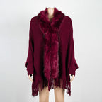 Autumn And Winter Fringed Cloak Shawl Fur Collar Solid Color Cardigan