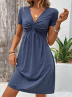 Color Cotton Short Sleeve V-neck Design Chest Twist Waist Dress