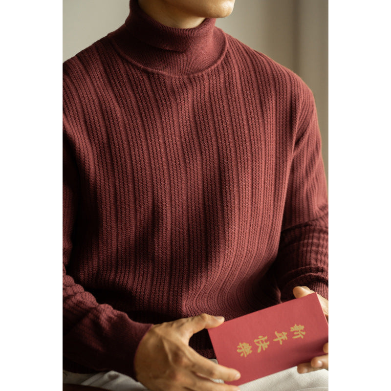 Half Turtleneck Bottoming Mid Collar Sunken Stripe Knitwear Sweater For Men