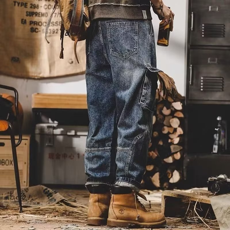 Multi-pocket Straight-leg Trousers Retro Plus Size Pants Cropped