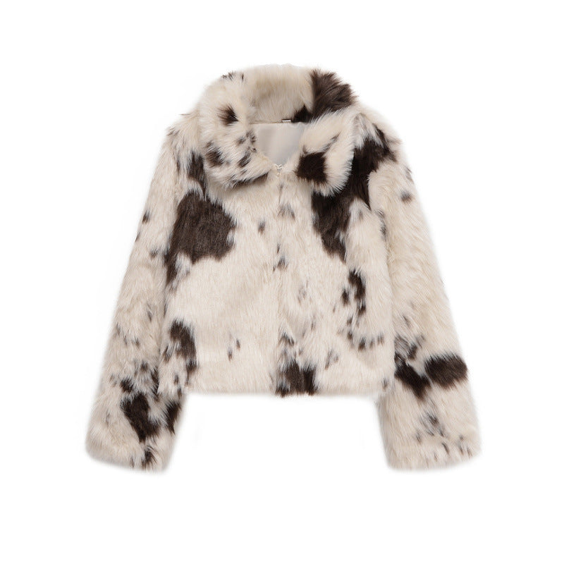 Fashion Temperament Women's Faux Fur Effect Animal Print Coat