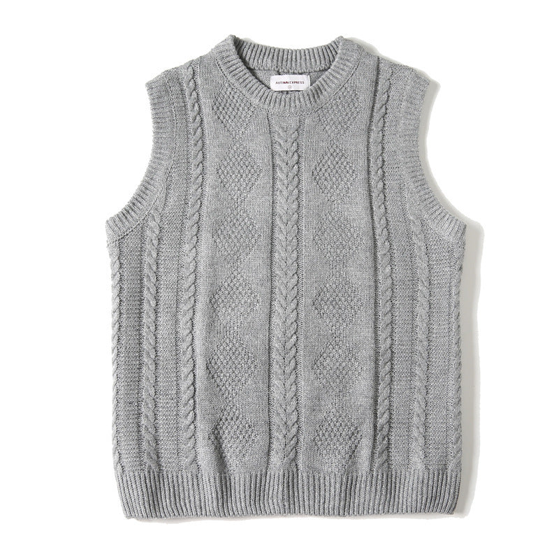 Jacquard Round Neck Knitted Loose Thickened Cable-knit Sweater Vest Tide