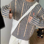 Retro Multi-colored Stripe Casual Trend Knitted Sweater Men's Design Round Neck Pullover