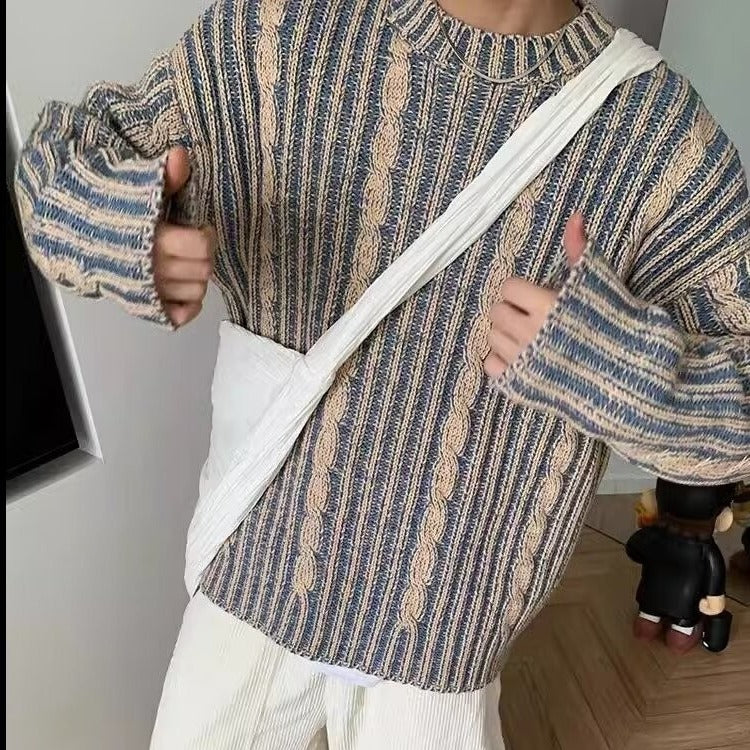 Retro Multi-colored Stripe Casual Trend Knitted Sweater Men's Design Round Neck Pullover