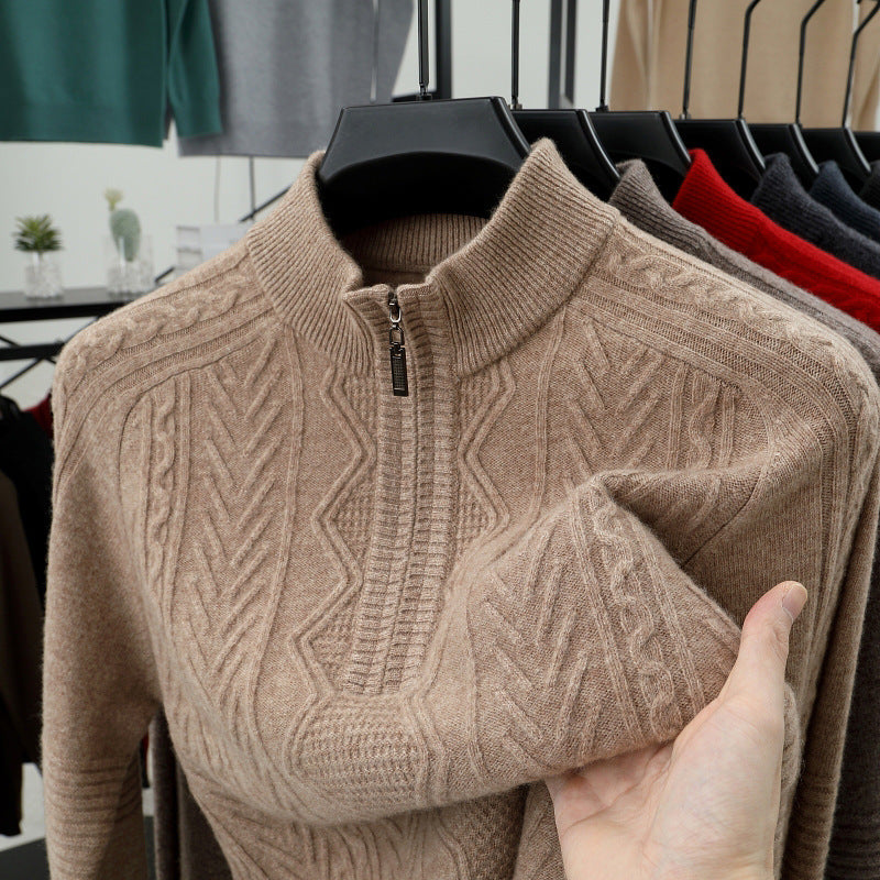 All Wool Men's Sweater Half Turtleneck Zipper Sweater