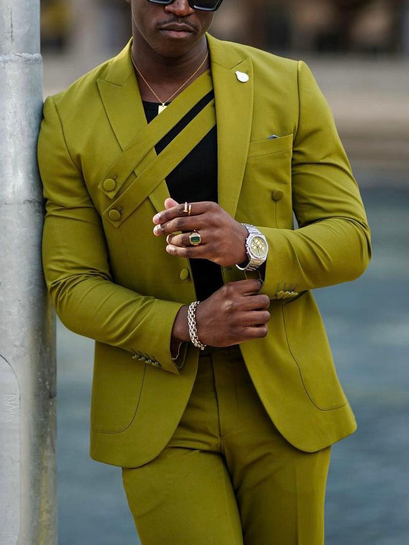 Olive Green Suit With Asymmetric Strap Detail And Tailored Fit