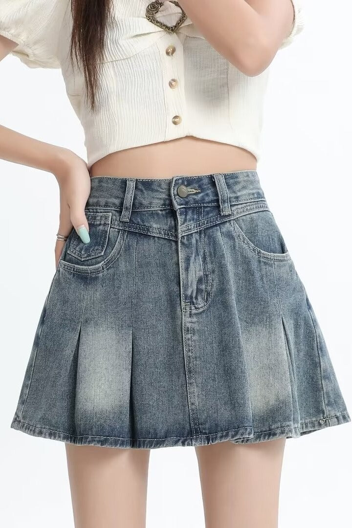 Retro Denim Skirt Summer A- Line Pleated Skirt