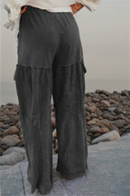Black Mineral Wash Tiered Wide Leg Patchwork Drawstring Pants