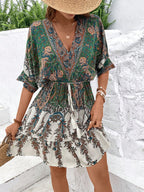 Paisley Print Batwing Sleeve Tassel Tie Front Ruffle Hem Dress