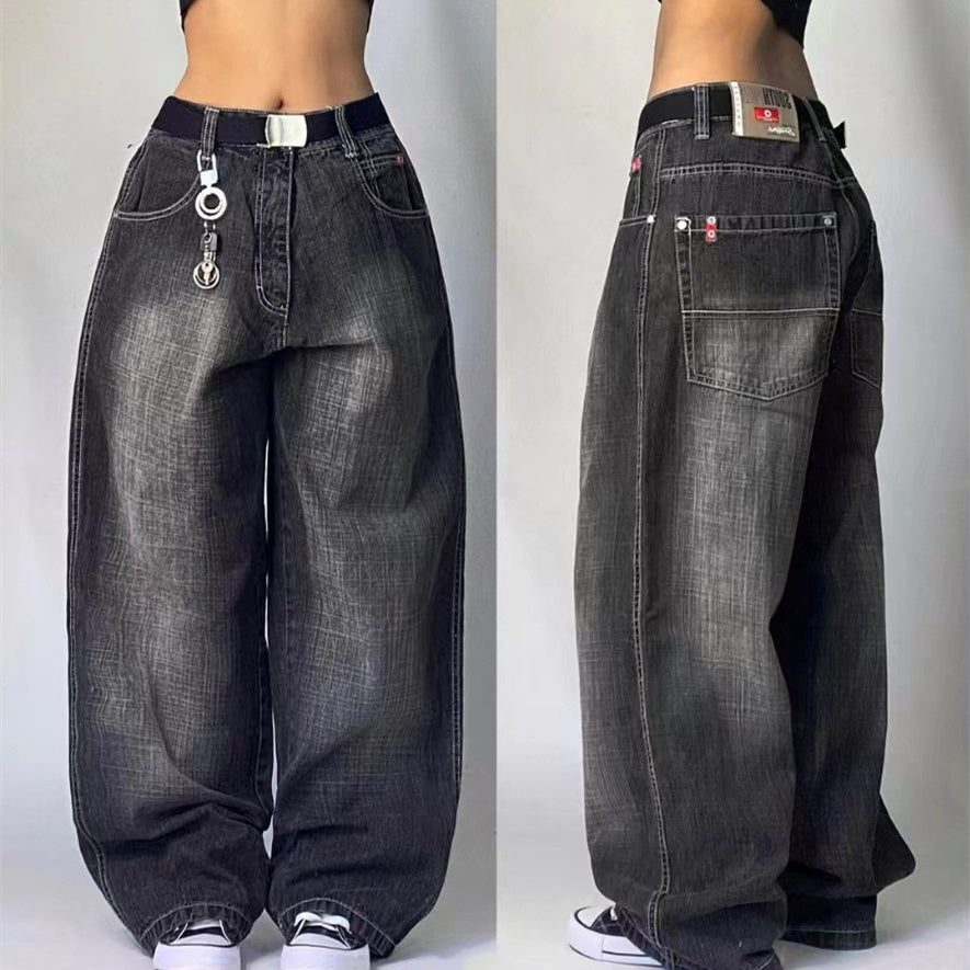 High Waist Retro Distressed Black Gray Wide-leg Jeans
