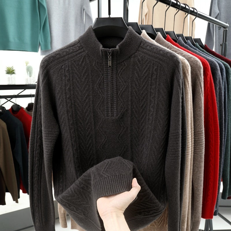 All Wool Men's Sweater Half Turtleneck Zipper Sweater