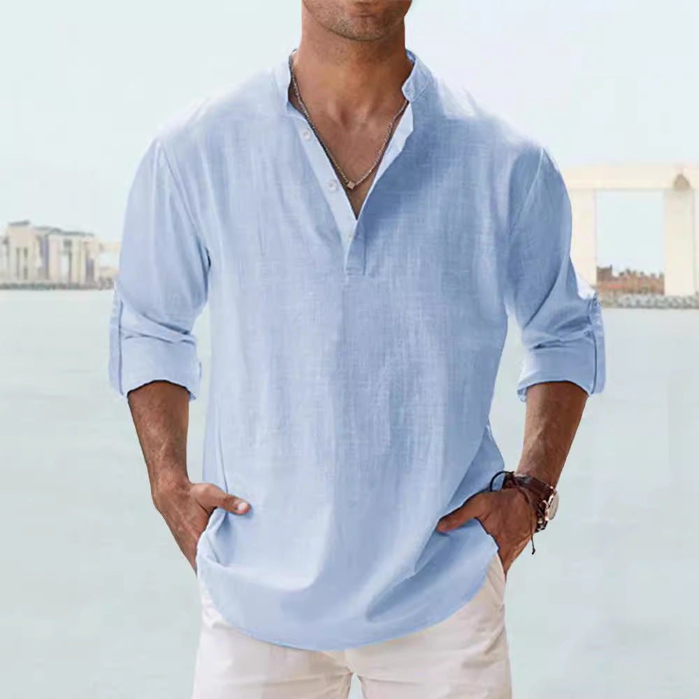 Men's Linen Stand-up Collar Long Sleeve T-shirt Loose Undershirt