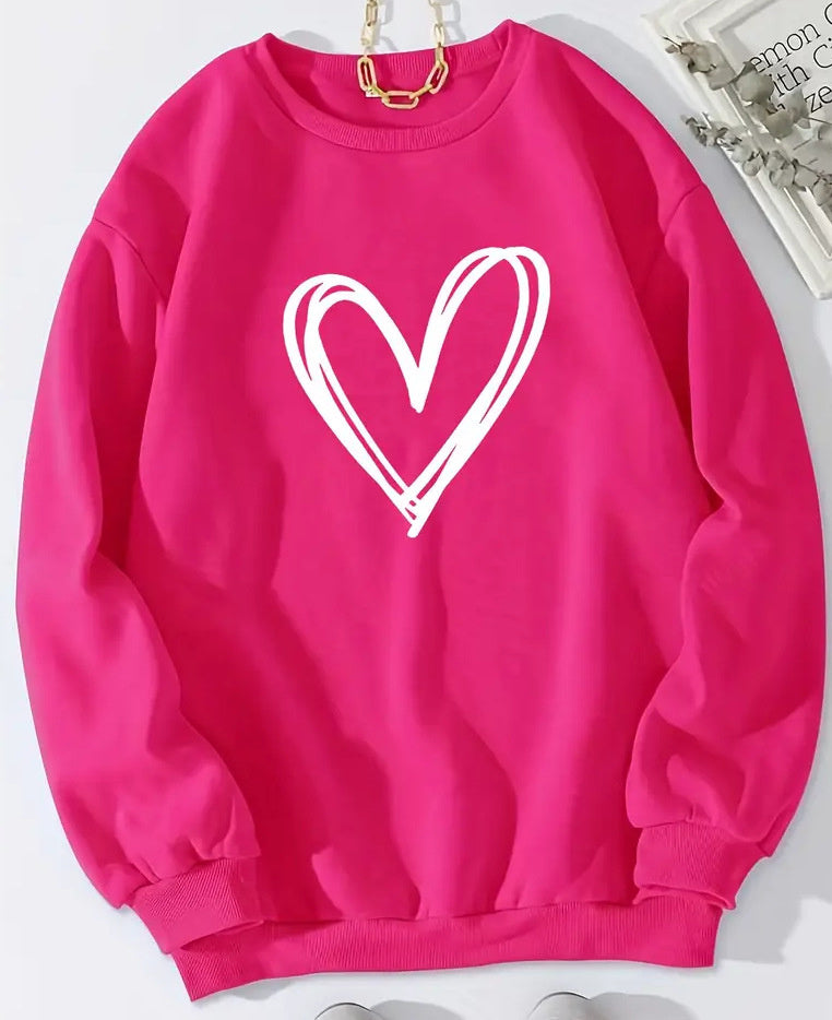 Heart Printing Round Neck Long Sleeve Sweatshirt Tops