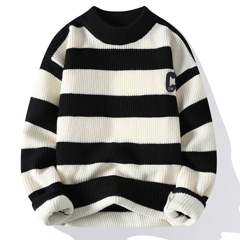 Autumn Letter Stripes Mock Neck Sweater Handsome Man Knitwear Tide