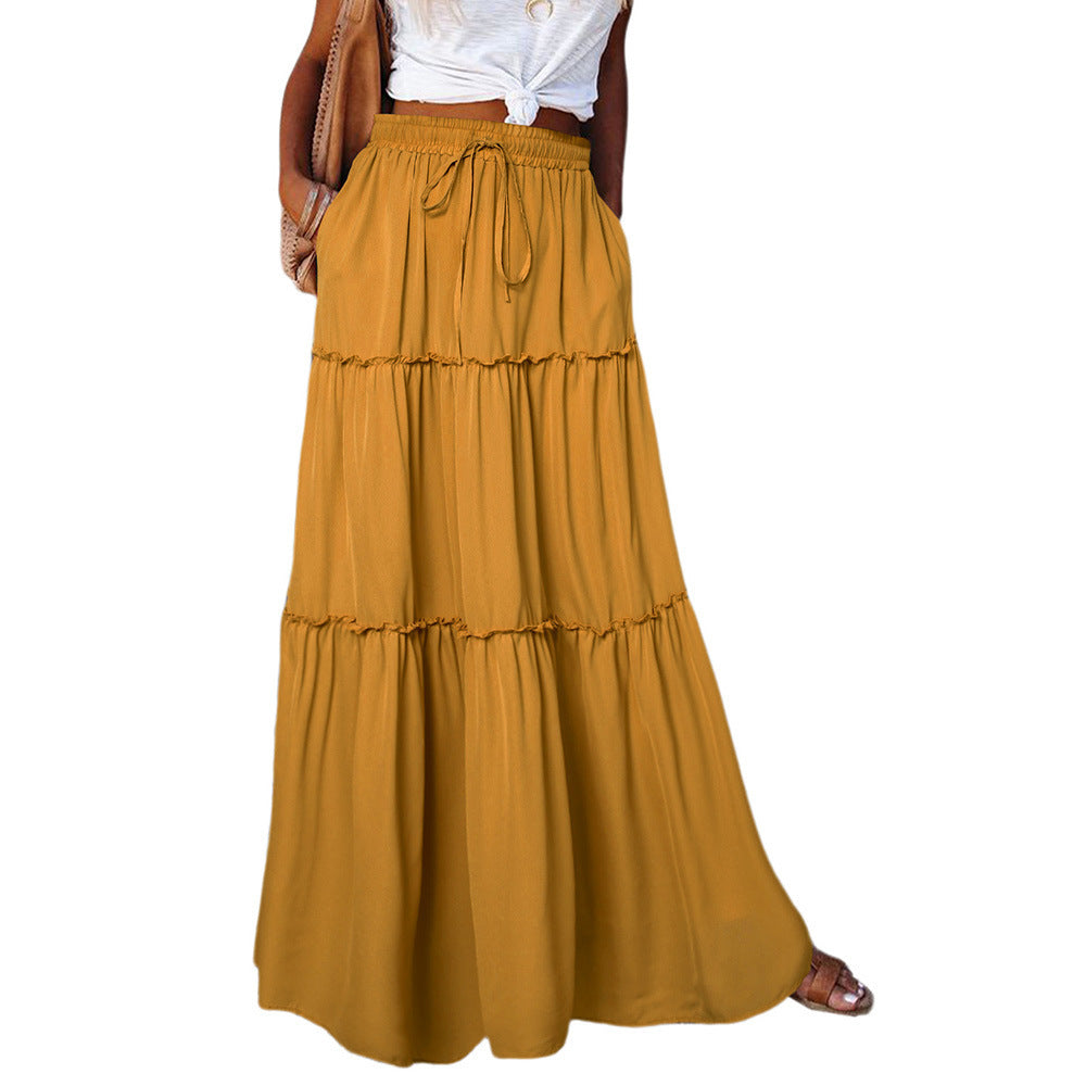 Women's Layered High Waist Elastic Lace-up Skirt With Wooden Ears