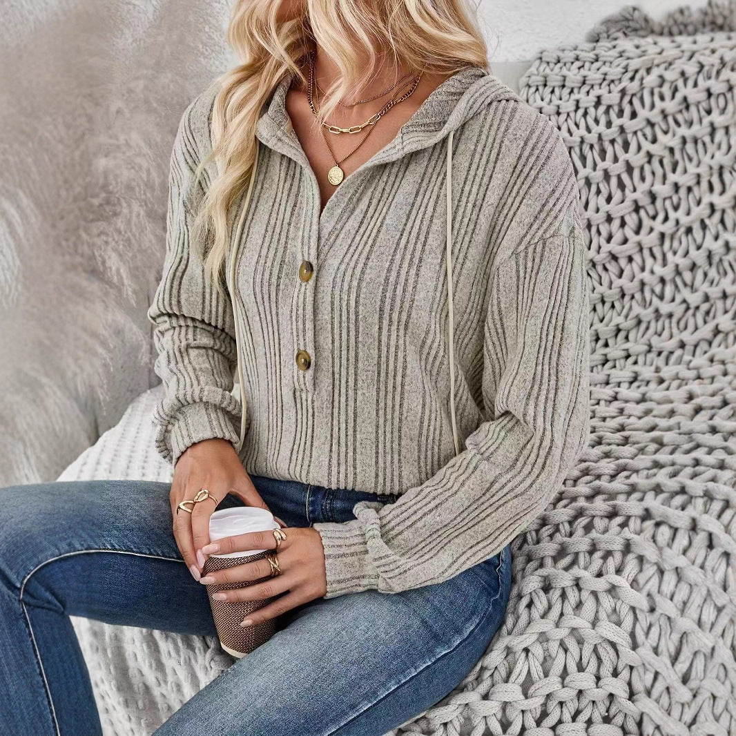 Casual Solid Color Hooded Long Sleeve Sweater Women