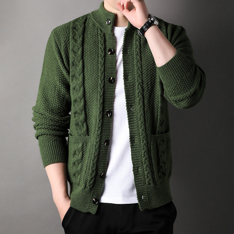 Young And Middle-aged Thick Knit Cardigan Retro Jacquard Loose-fitting Sweater Men's Sweater Coat