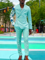 Mint Green Suit With Floral Print Sleeve And Double-Breasted Design