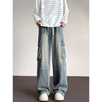 Washed Vintage Denim Men's Versatile Wide-Leg Multi-Pocket Casual Pants