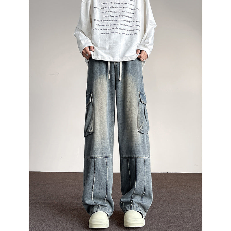 Washed Vintage Denim Men's Versatile Wide-Leg Multi-Pocket Casual Pants