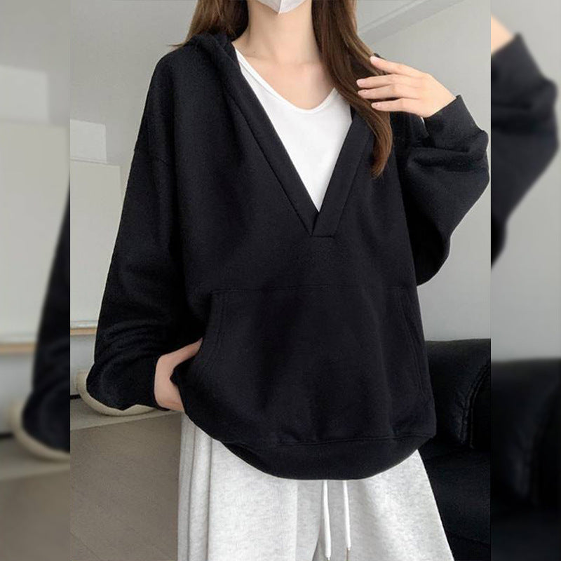 Gray Hooded Sweater For Women Fleece-lined Thick Loose Casual Sweatshirt