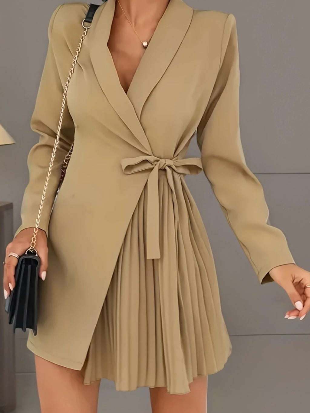 Solid Color Pleated Suit Jacket Dress